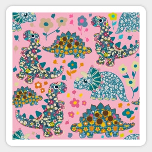 Vintage floral fabric dinosaurs with daisies on pink background Sticker